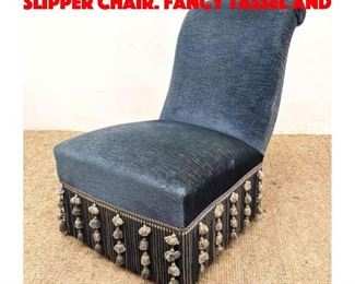 Lot 106 Single Blue Upholstered Slipper Chair. Fancy Tassel and