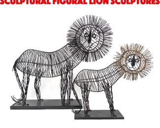 Lot 211 2pc Black Metal Wire Sculptural Figural Lion Sculptures