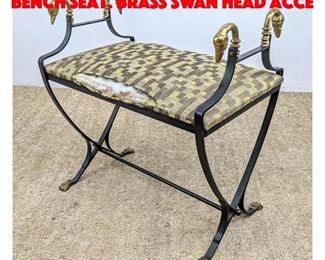 Lot 454 Black Iron Upholstered Bench Seat. Brass Swan Head Acce