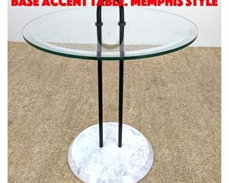 Lot 466 Glass Top Round Marble base Accent Table. Memphis Style