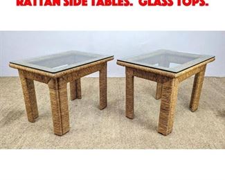 Lot 484 Pair Woven Wrapped Rattan Side Tables. Glass Tops. 