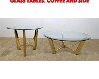 Lot 598 Pair Gold Tone Metal and Glass Tables. Coffee and Side 