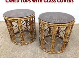 Lot 663 Pr Bamboo Side Tables. Caned tops with glass covers