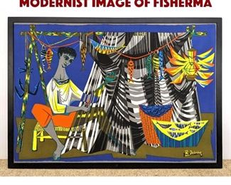 Lot 771 R DEBIEVE Printed Tapestry. Modernist image of fisherma