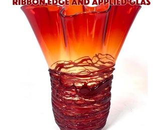 Lot 804 Signed Art Glass Vase with Ribbon edge and Applied Glas