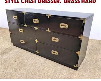 Lot 974 Black Lacquer Campaign Style Chest Dresser. Brass hard