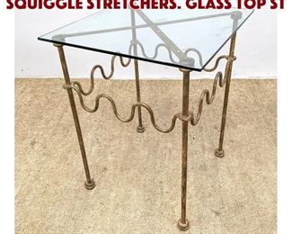 Lot 987 Metal Side Table with Squiggle stretchers. Glass Top St