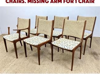 Lot 1004 Set 6 Teak Frame Dining Chairs. Missing arm for 1 chair