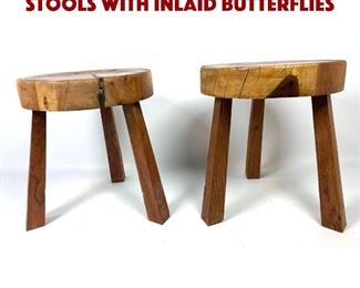 Lot 1025 Pair Thick Top Three Leg Stools with Inlaid Butterflies