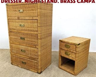 Lot 1045 2pc Woven Rattan Tall Dresser. Night Stand. Brass Campa