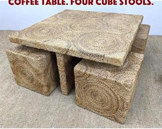 Lot 1081 5pc Woven Sisal Covered Coffee Table. Four Cube Stools.