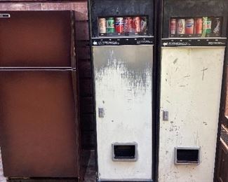 Vintage Brown Refrigerator and 2 Vintage Soda Vending Machines