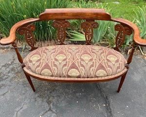 SMALL ANTIQUE SETTEE, NEW UPHOLSTERY 