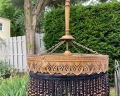 VINTAGE (1930s - ?) ART DECO STYLE CHANDELIER, BLACK TASSEL TRIM IS NOT ORIGINAL, IN WORKING CONDITION