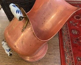 Very cool Firewood Log Holder, ALL COPPER, with white and blue porcelain handles.