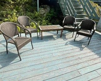 Wooden Patio Table and Plastic Raton Chairs