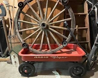 1960's Radio Flyer wagon, and antique wagon wheel chandelier.