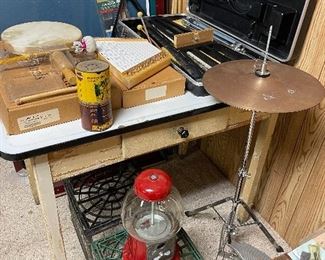 Gumball machine and vintage, metal milk crates