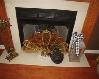 Brass fire screen, Brass fireplace set, lantern, cast iron kettle