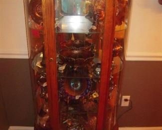 Oak china cabinet, vintage carnival glass 50 plus pieces