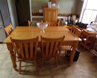 Amish oak kitchen table & 6 chairs, Oak jelley cabinet,