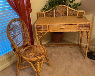 MCM vintage bamboo cane dressing table desk and chair