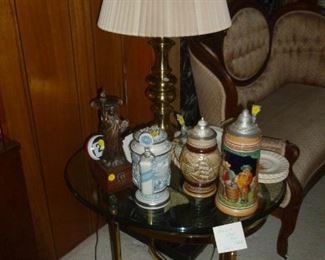Glass & brass end table & misc