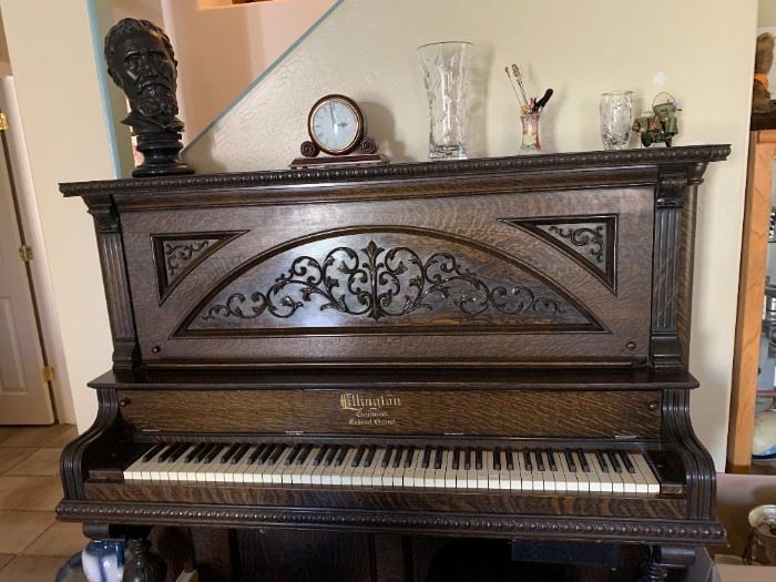 Ellington victorian upright mahogany piano. Dated 1900 in great condition. Need tuning.  Has Pianocorder professionally added when turned via cassettes. Cassettes are included. When not on piano can be played as usual.