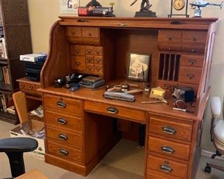 Oak roll top desk and office supplies