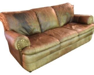54. Rolled Arm Leather Sofa With Tack Trim