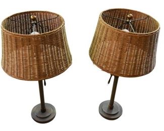 55. Pair Contemporary Stick Lamps With Woven Shades