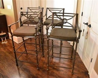 62. Four 4 Scrolled Metal Stools With Upholstered Seats