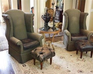 101. HENREDON Regency Wingback Chairs With Ottoman