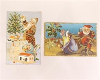 Antique 1910 Silk Gold Etched Embossed Santa Postcard and Another
