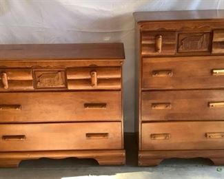 Vintage Log Cabin Dressers
Two (2) dressers. One (1) 45" H x 40" W x 19" D - very minor marks on top, minor finish wear, five (5) drawers, matches Lot #106. One (1) 35" H x 42" W x 19"D - four (4) drawers with scratch on top. Please review all photos