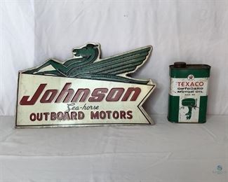 Johnson Outboard Motor Sign and Vintage Can of Oil
Vintage Outboard Metal sign - 18" H x 11" W. With Texaco oil can - full