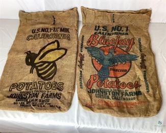 Vintage Burlap Bags
One (1) "Blue Jay Potatoes" and one (1) "California Potatoes Johnson Farms" in good vintage condition. Coloring is in good condition - 30" H x 19" W