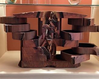 Po Sun Leong museum-quality carved cherry burl and mahogany landscape box. Measures 17" W x 6" D x 13" H. Photo 2 of 2.