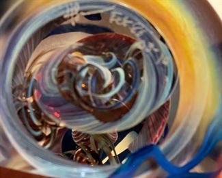 Glass paperweight signed by artist. Measures 4" W x 4" H. Photo 2 of 2. 