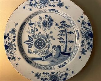 14.5" antique English Delft tip glaze platter with cobalt underglaze decoration. Circa 1760. 