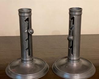 Pair of vintage Italian pewter adjustable height candlesticks. Makers mark stamped on base. Photo 1 of 2.  