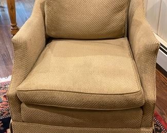 Pair of Baker Furniture upholstered club chairs with ottoman. Each chair measures 29" W x 34" D. 