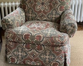 Pair of Jessica Charles upholstered swivel rocker club chairs. Each measures 36" W x 34" D. 