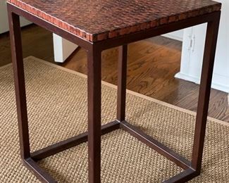 Custom David Paul Bacharach modern metal side table with woven metal faux leather top. Measures 17" x 17" x 23"H. Matching larger table measuring 17" x 22" D x 23"H available, too. Photo 1 of 2. 