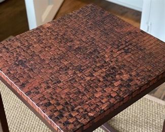 Custom David Paul Bacharach modern metal side table with woven metal faux leather top. Measures 17" x 17" x 23" H. Matching larger table measuring 17" x 22" D x 23" H available, too. Photo 1 of 2. 