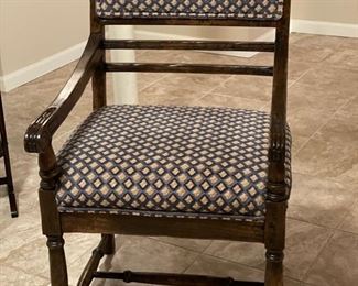 Pair of upholstered carved wood side chairs. Each chair measures 22" W x 19" D with 20" seat height. Photo 1 of 2. 