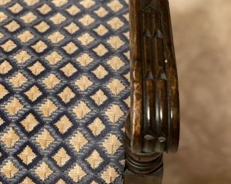 Pair of upholstered carved wood side chairs. Each chair measures 22" W x 19" D with 20" seat height. Photo 2 of 2. 