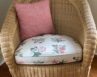 Pair of wicker side chairs with cushions. Set includes ottoman. Photo 1 of 2. 