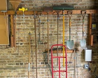 Rakes, shovels, spades, hand truck "Dollie"