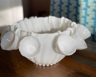 1950s Hazel Atlas Milk Glass Punch Bowl with 10 Punch Cups. Photo 1 of 3. 